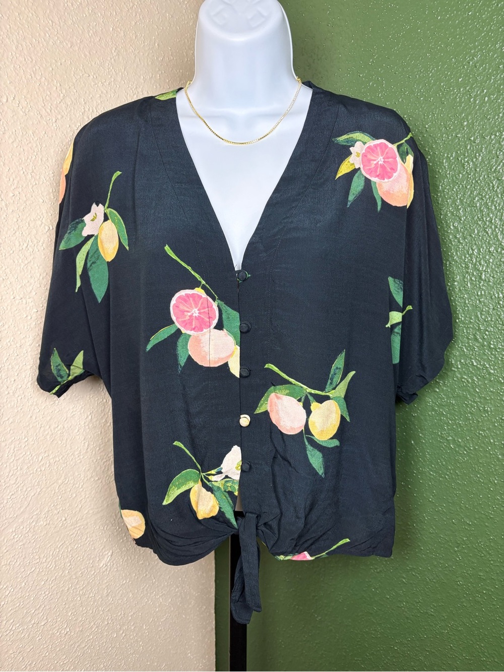 Rails Black Citrus-Print Tie-Front Button Down Blouse